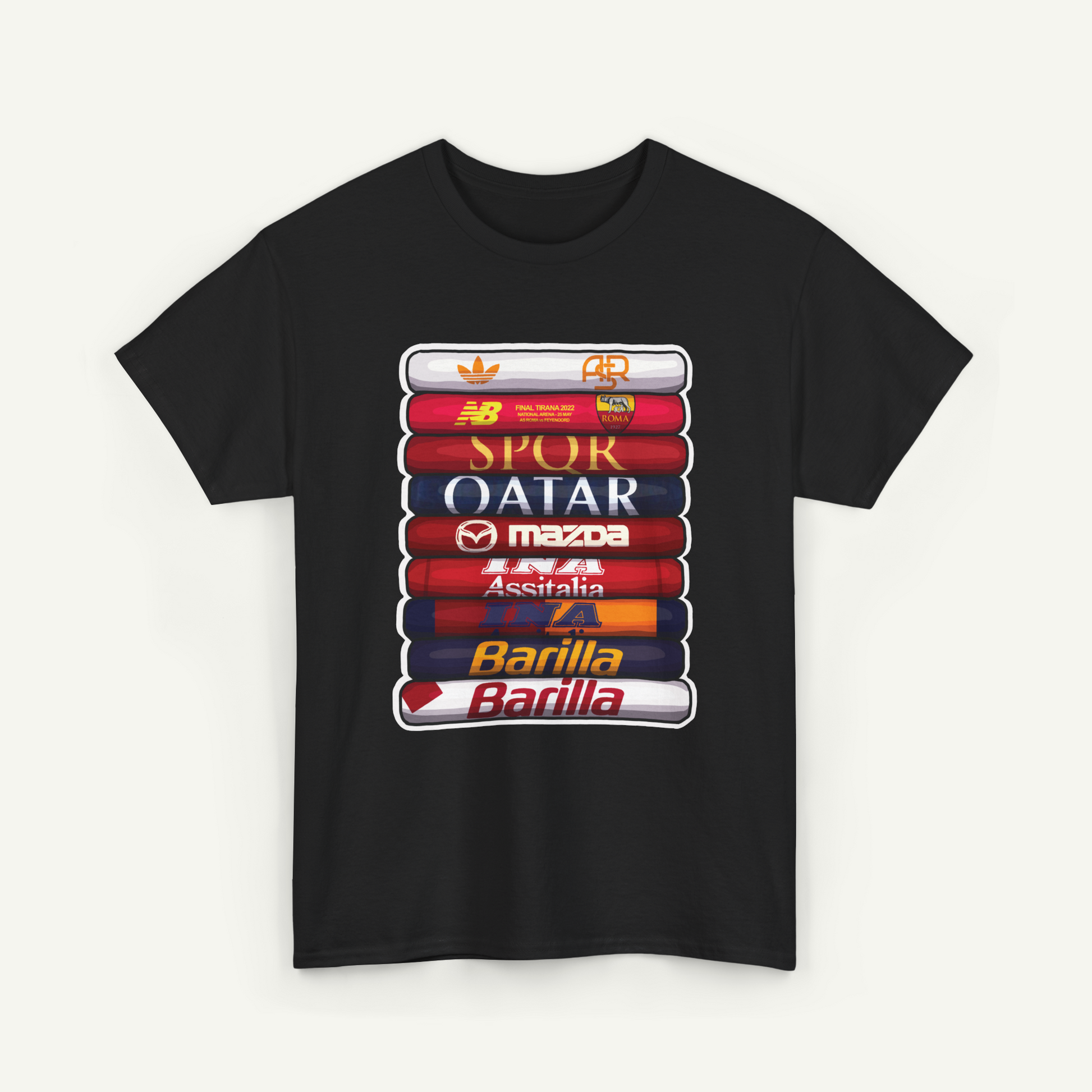 A black t-shirt with a graphic design featuring a stack of colorful logos representing various sports teams and brands.
