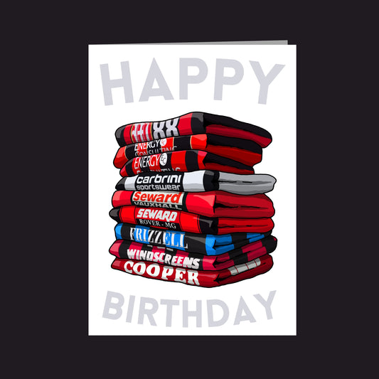 A stack of colorful sports jerseys, with the text "Happy Birthday" displayed above them.