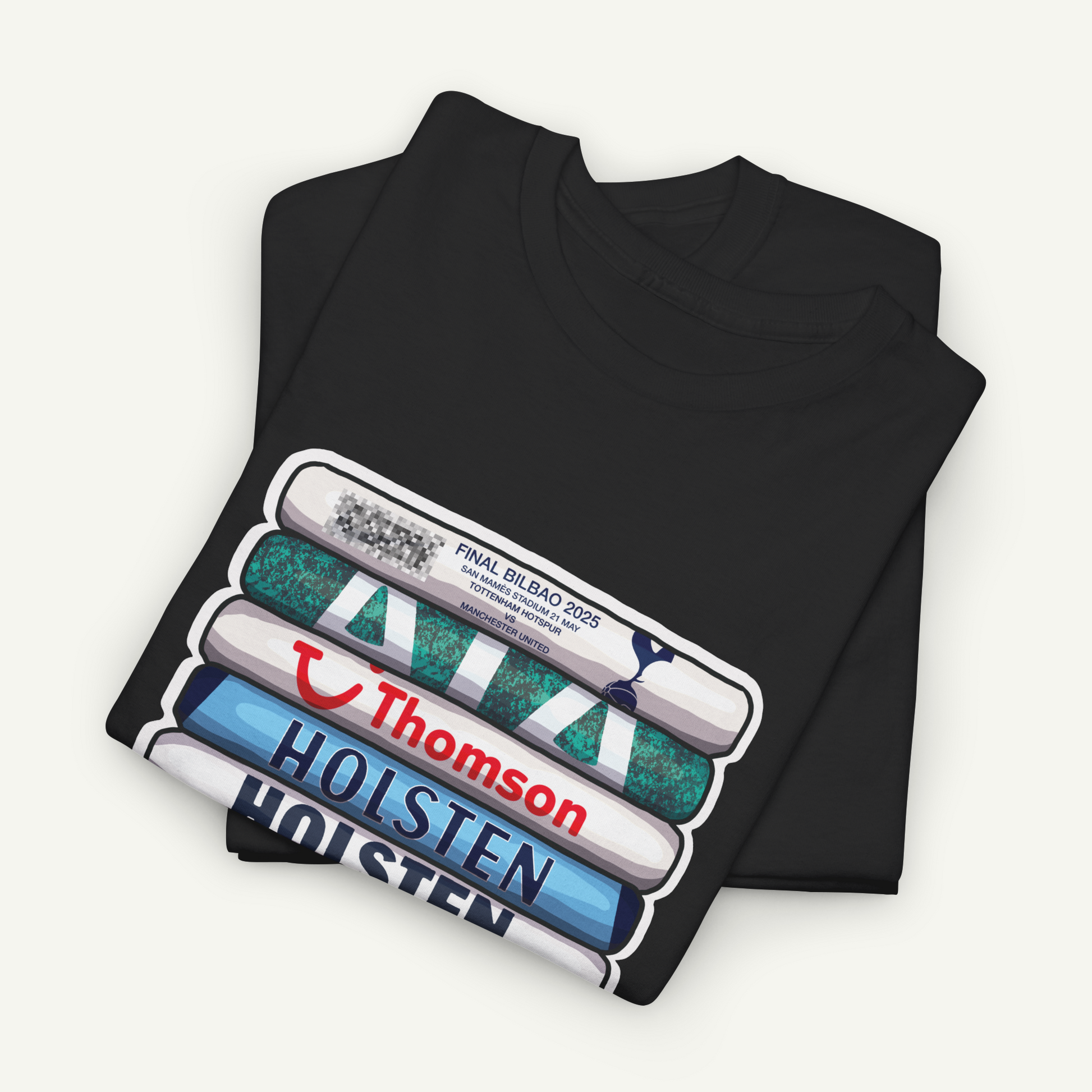 A black t-shirt with a graphic design featuring a stack of books with the text "THOMSON HOLSTEN" printed on them.