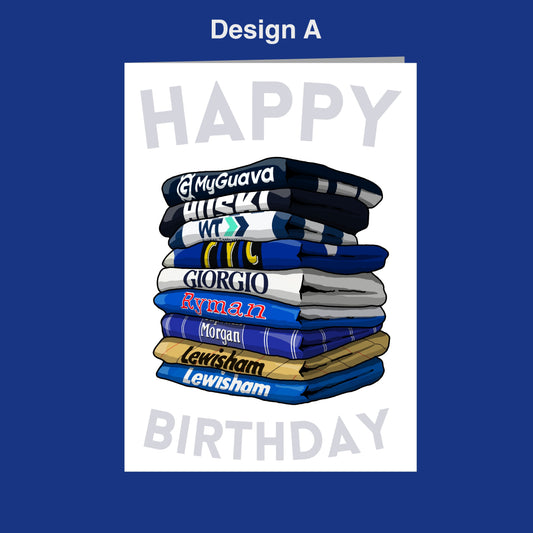 A stack of various sports jerseys, including those of the Liverpool Football Club, the Welsh Football Club, and the Welsh Football Club, along with the text "Happy Birthday" in the center.