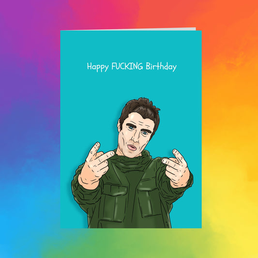 A cartoon illustration of a man with a serious expression, wearing a green jacket, and making a thumbs-up gesture. The text "Happy FUCKING Birthday" is displayed above the illustration.