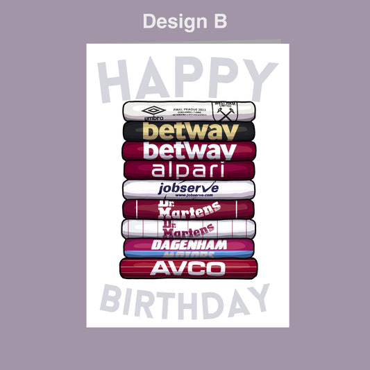 The image is a birthday card featuring a stack of colorful tubes with various logos and text on them, including "betway", "alparl", "Jobserve", "Dr. Mortens", "Dageman", "AVCO", and "Westfield". The text "Design B" is written above the stack of tubes, and "Happy Birthday" is written below them.