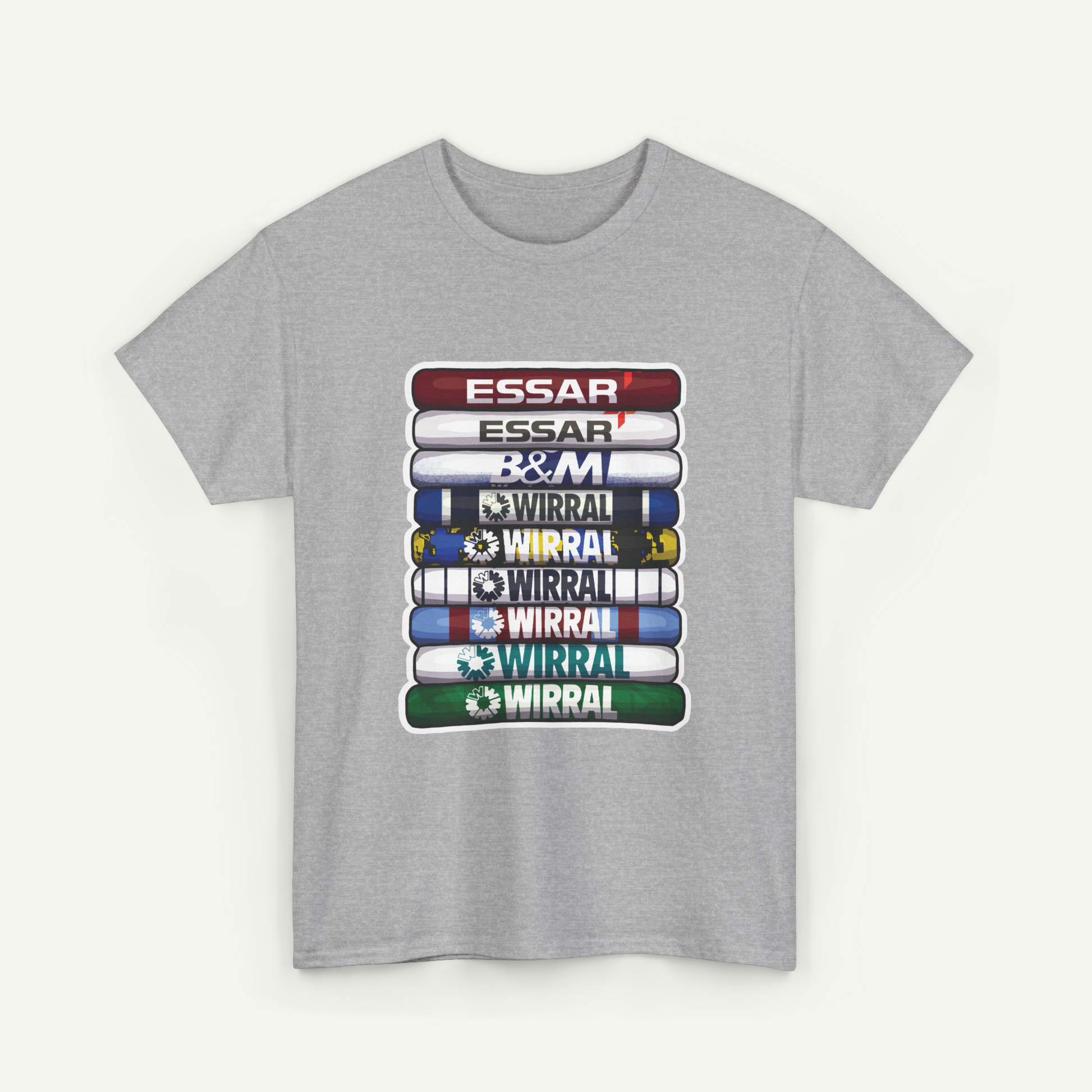 A gray t-shirt with a graphic design featuring a stack of colored bars, each displaying a different brand name.