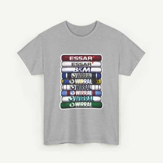 A gray t-shirt with a graphic design featuring a stack of colored bars, each displaying a different brand name.
