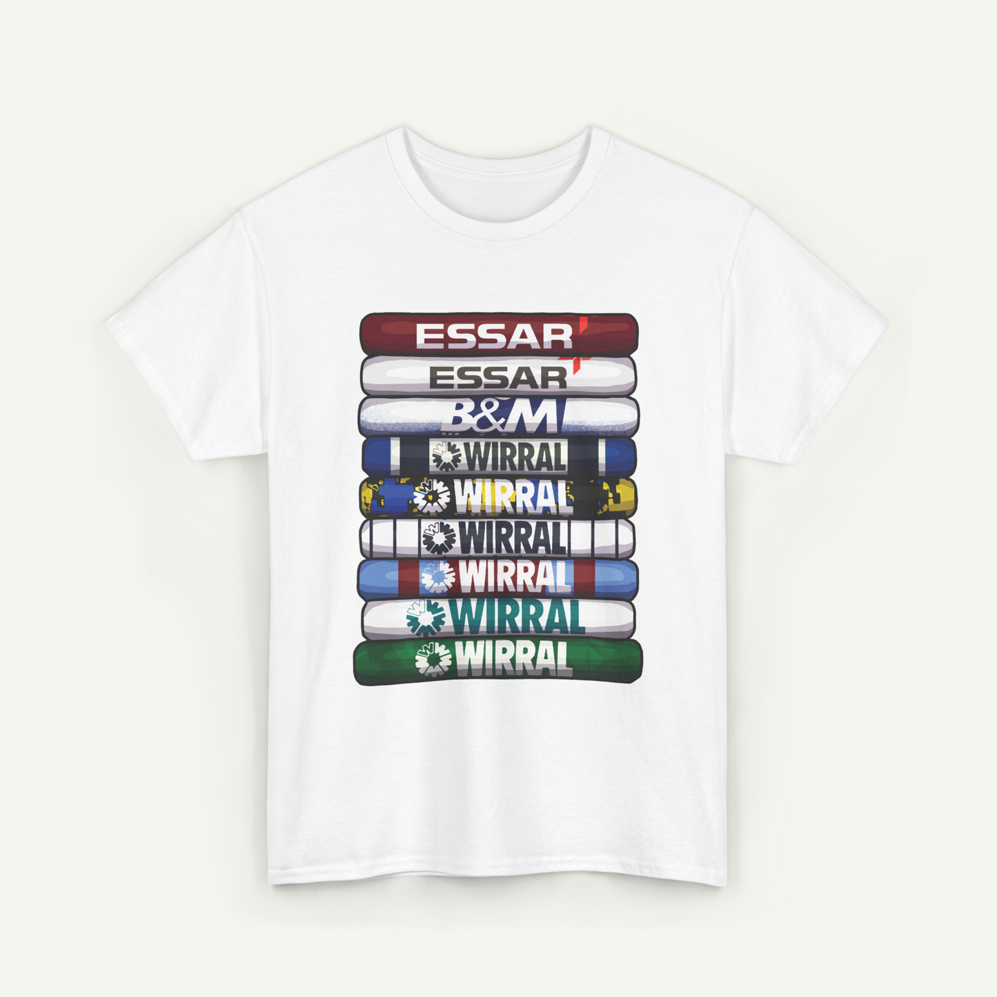 A white t-shirt with a graphic design featuring a stack of colorful books or tubes with the text "ESSAR" written on them.