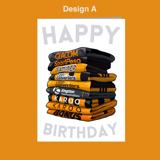 A stack of orange and black striped shirts, with the text "Happy Birthday" written on them.