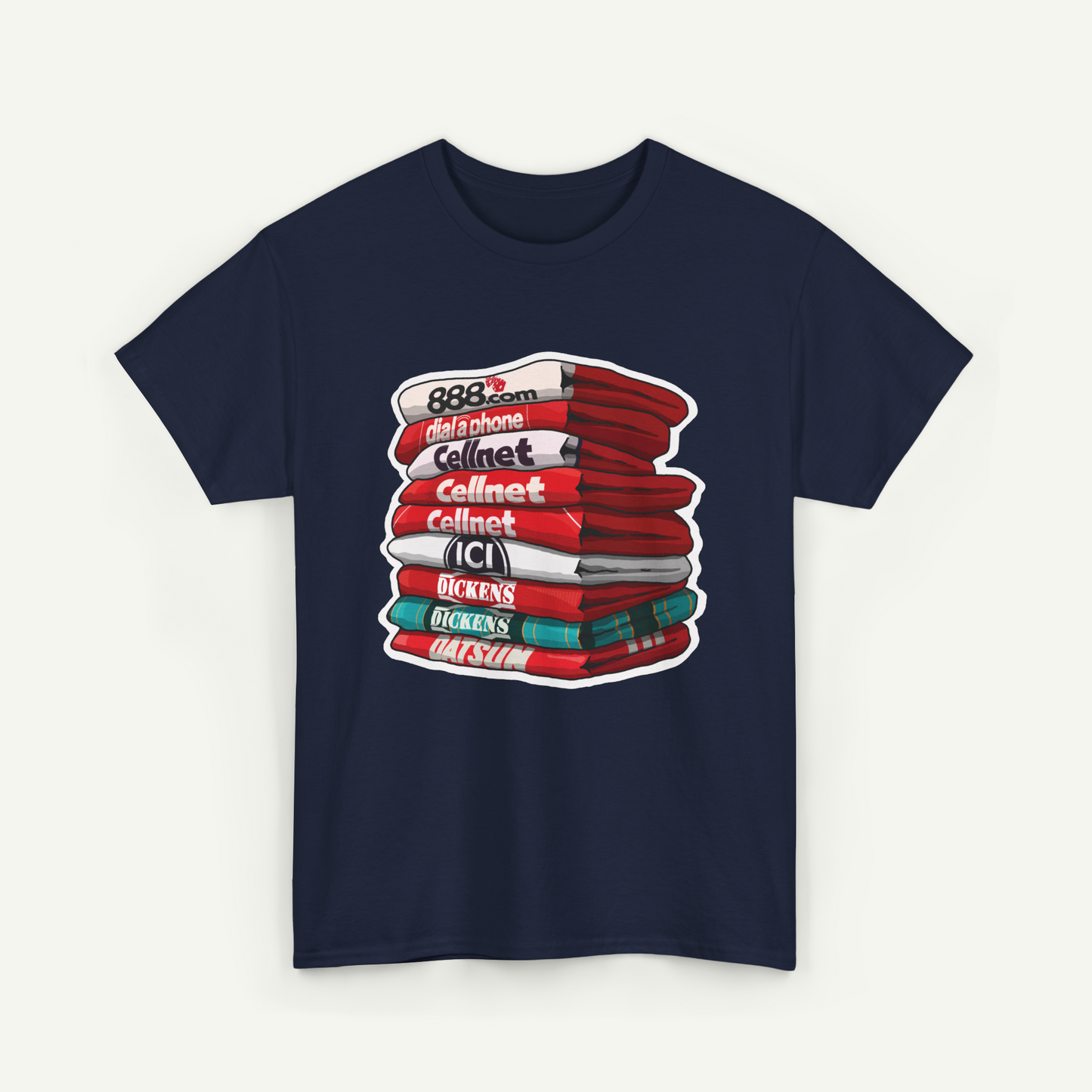 A navy blue t-shirt with a graphic design depicting a stack of books or magazines with various titles and text.