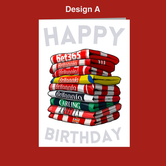 A stack of towels with the text "HAPPY BIRTHDAY" written on them, against a red background.