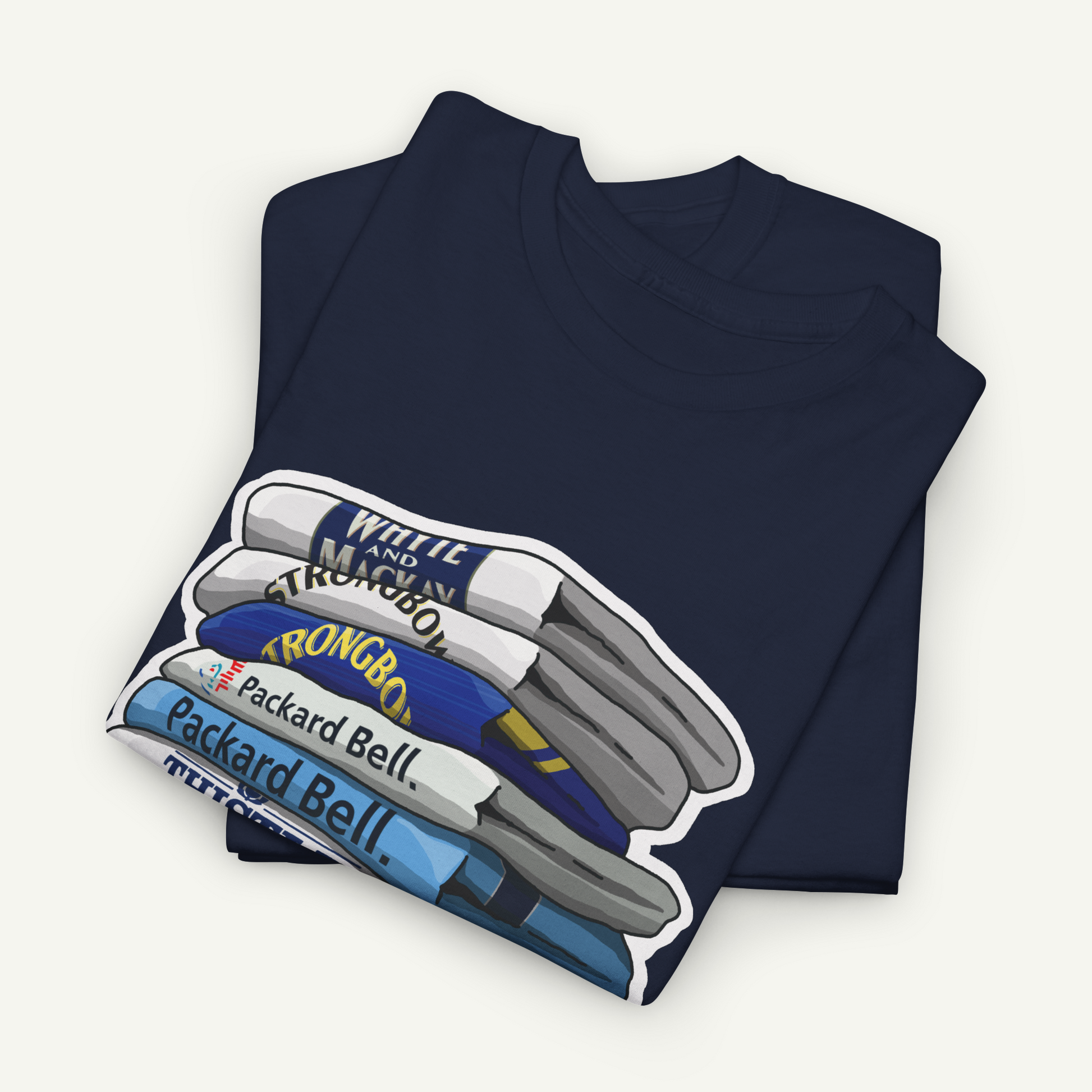 A dark blue t-shirt with a graphic design depicting a stack of colorful markers or highlighters.