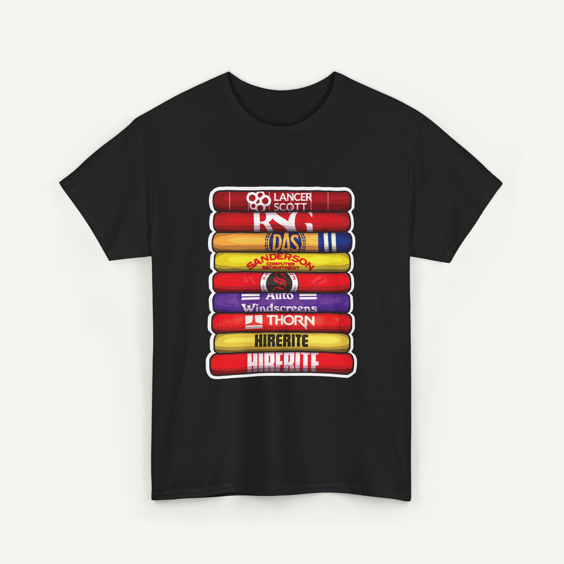 A black t-shirt with a graphic design featuring a stack of colorful tubes with various text labels on them.