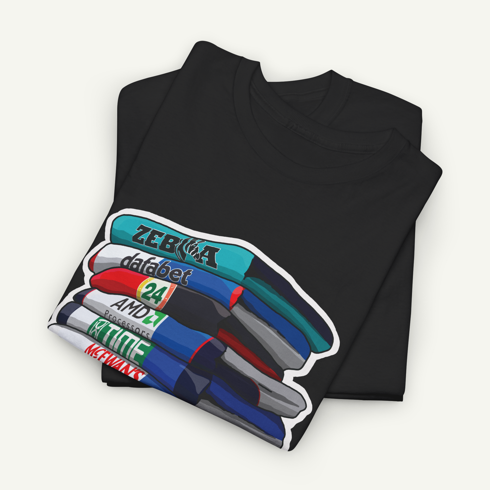 A black t-shirt with a graphic design depicting a stack of colorful markers or pens.