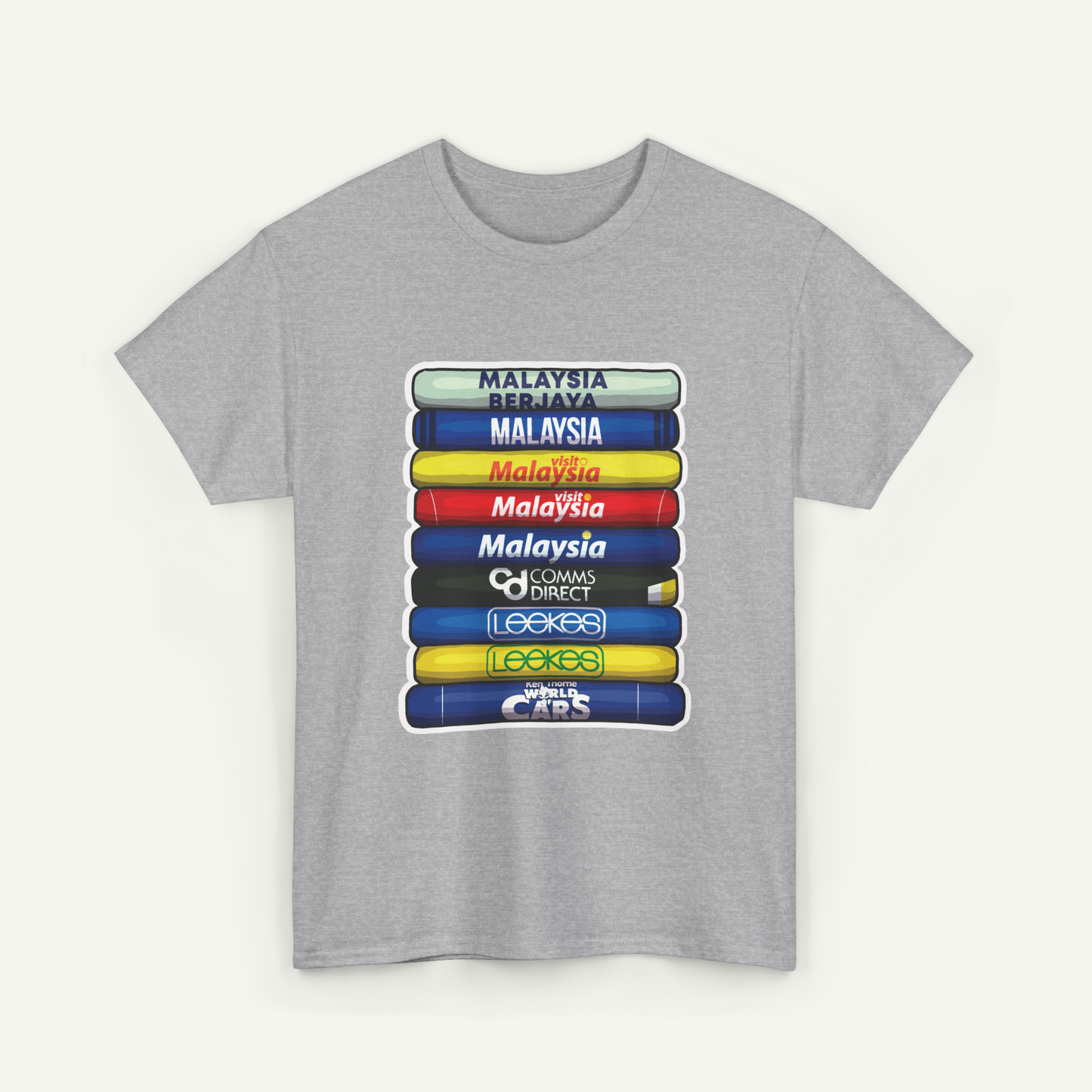 A gray t-shirt with a graphic design depicting a stack of colorful bars representing the countries of Malaysia.