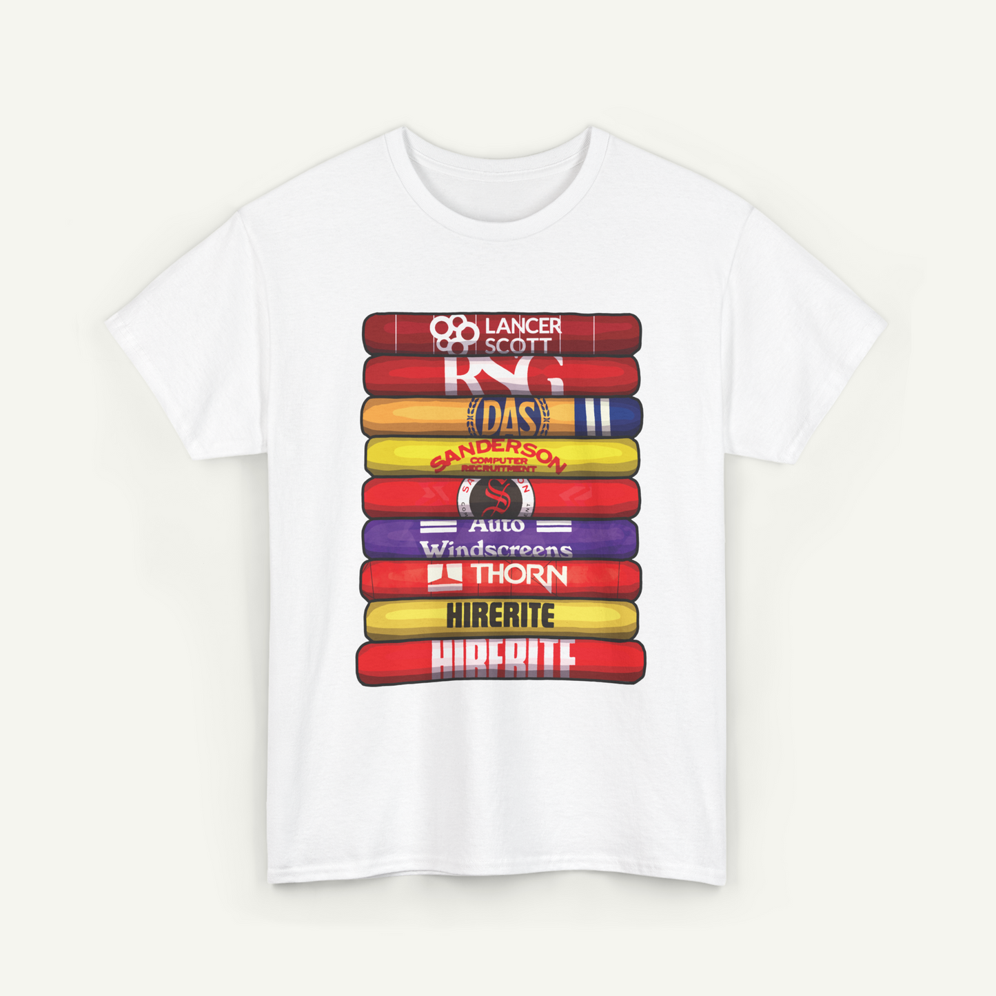 A white t-shirt with a graphic design featuring a stack of colorful bars with various logos and text on them.