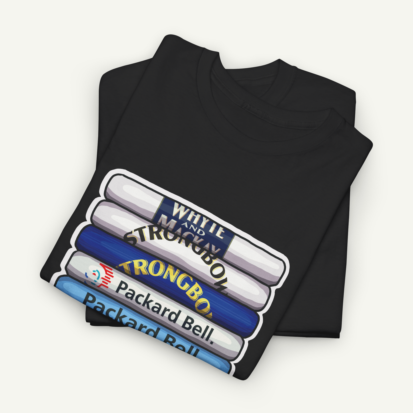 A black t-shirt with a graphic design depicting a stack of colorful markers or highlighters, each with a different brand name printed on them.