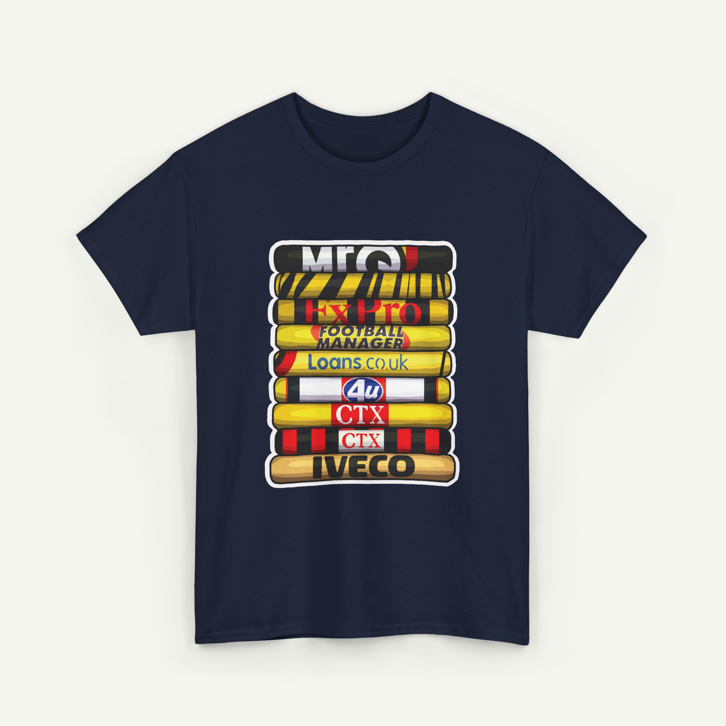 A navy blue t-shirt with a graphic design featuring a stack of colorful tubes or bars, each with a different text label.