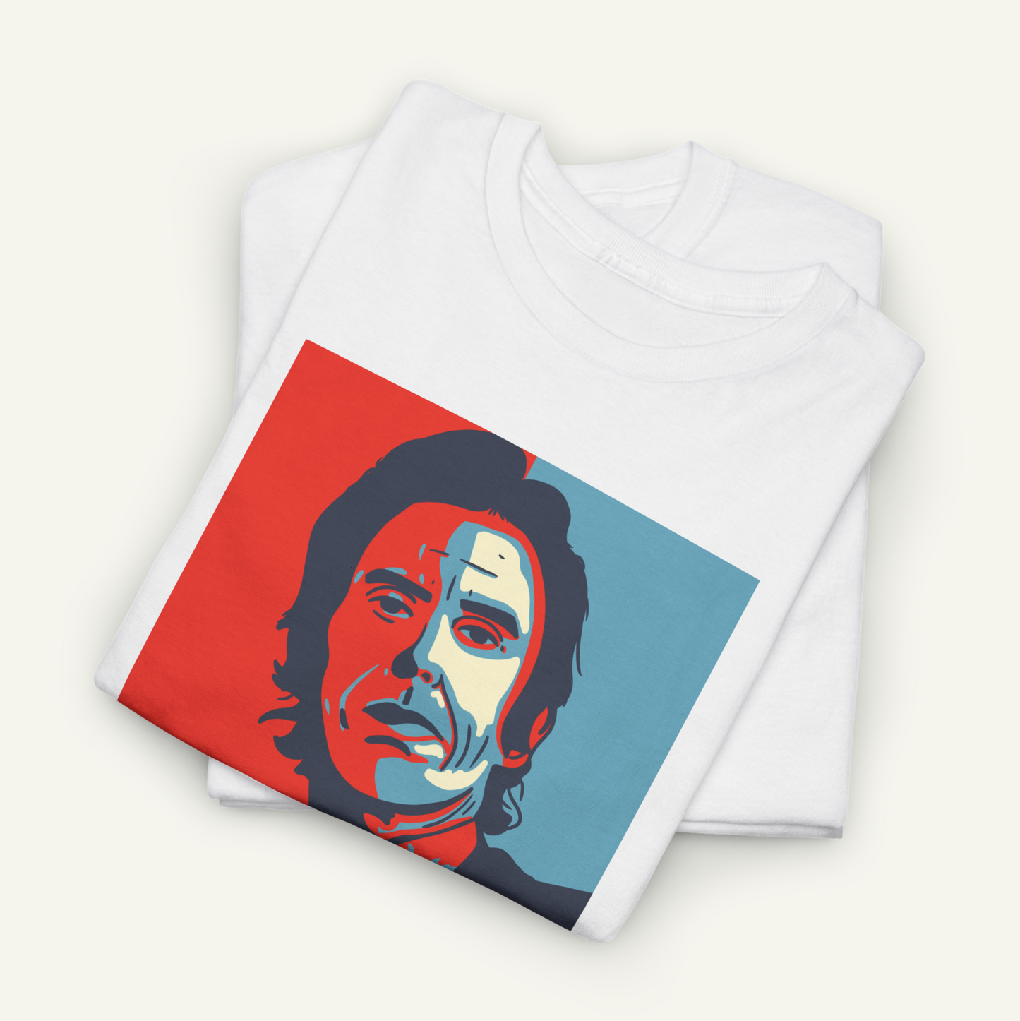 a white t-shirt with a graphic design depicting a man's face in red, blue, and white colors.