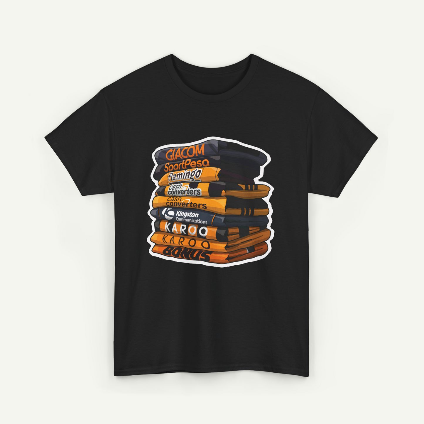 A black t-shirt with a graphic design depicting a stack of books or magazines with various text and logos printed on them.