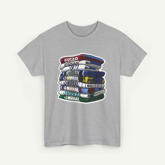 A gray t-shirt with a graphic design depicting a stack of colorful books.