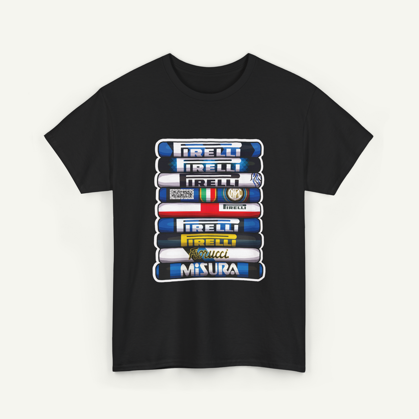 A black t-shirt with a graphic design featuring a stack of various logos representing different Italian car manufacturers.