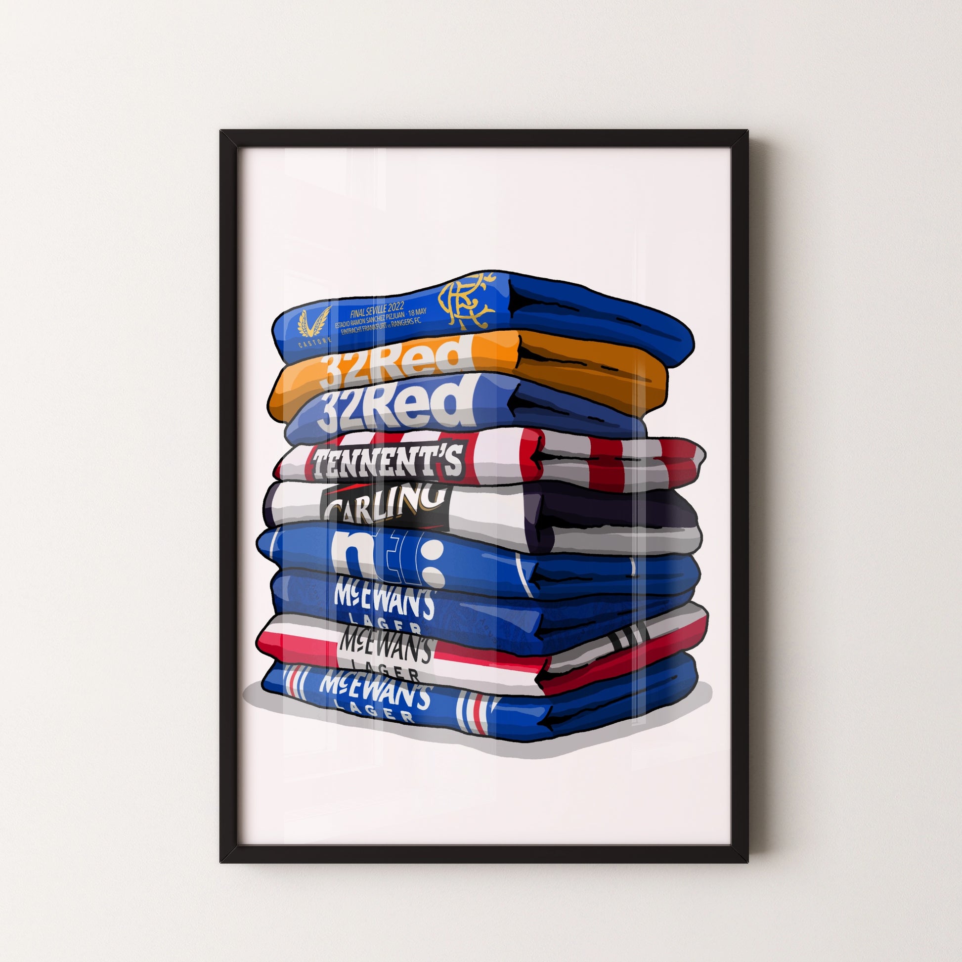 A framed illustration of a stack of various colored towels or blankets, each with text or logos printed on them.
