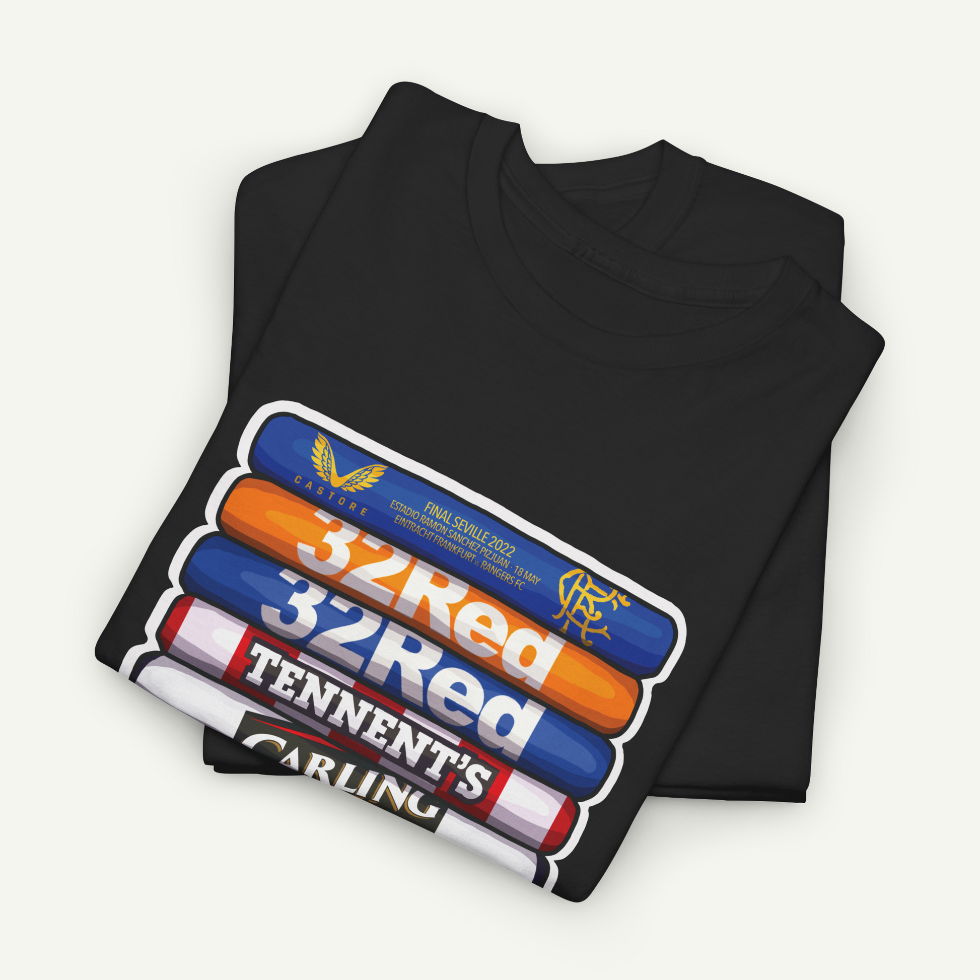 A black t-shirt with a graphic design featuring a stack of colorful tubes or bars, with text printed on them.