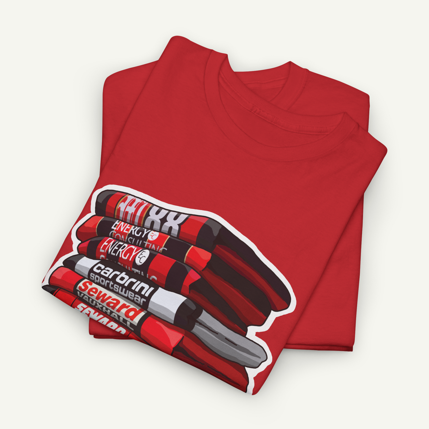 A red t-shirt with a graphic design depicting a stack of red and black pens.