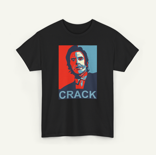 a black t-shirt with a graphic design of a man's face in red and blue colors, along with the word "CRACK" written below the image.