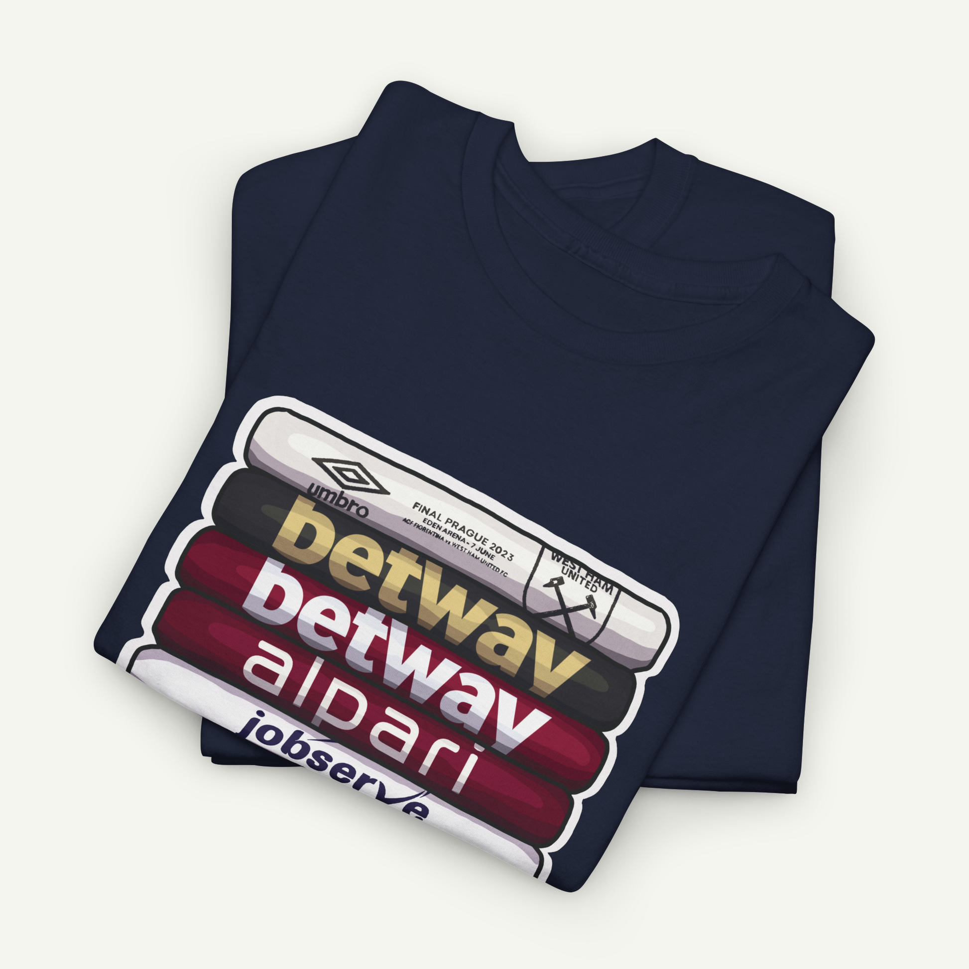A navy blue t-shirt with a graphic design featuring the text "DETWAV" and "betwav alparl" printed on it.