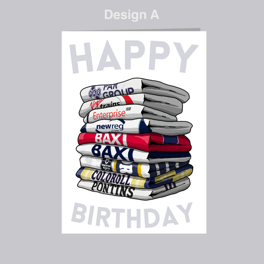 A stack of folded T-shirts with various logos and text, along with the text "Happy Birthday" at the bottom.