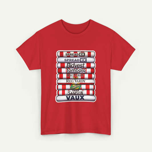 A red t-shirt with a graphic design featuring a stack of red and white striped tubes with various text printed on them.