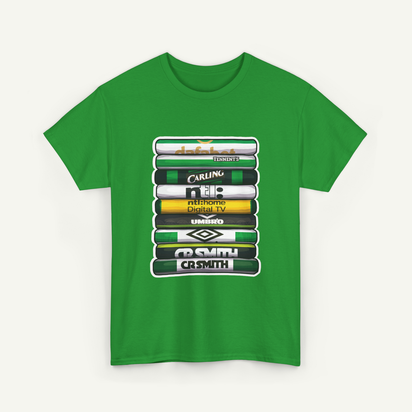 A green t-shirt with a graphic design featuring a stack of various logos and text.