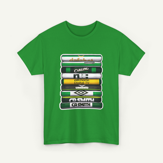 A green t-shirt with a graphic design featuring a stack of various logos and text.