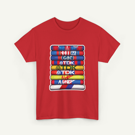 A red t-shirt with a graphic design featuring a stack of colorful tubes with various logos on them.