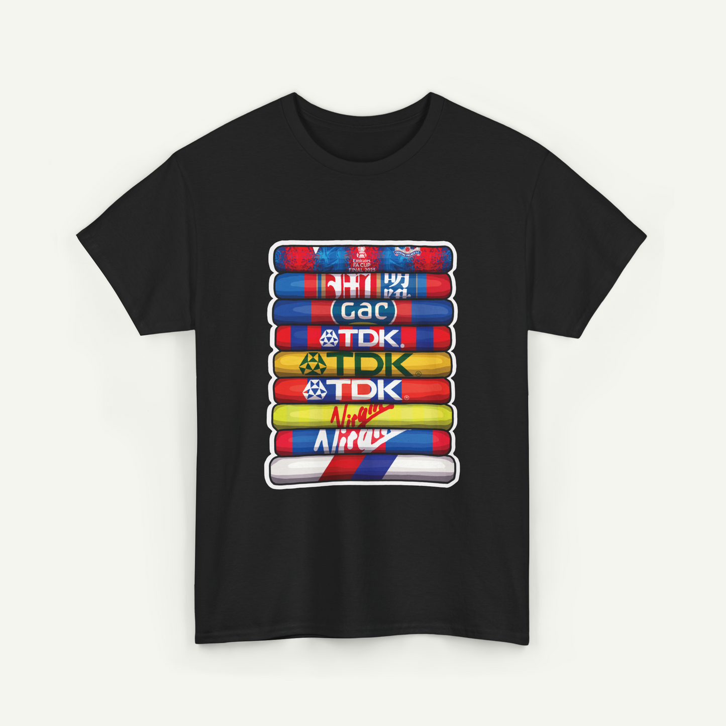 A black t-shirt with a graphic design featuring a stack of colorful tubes with various logos on them.