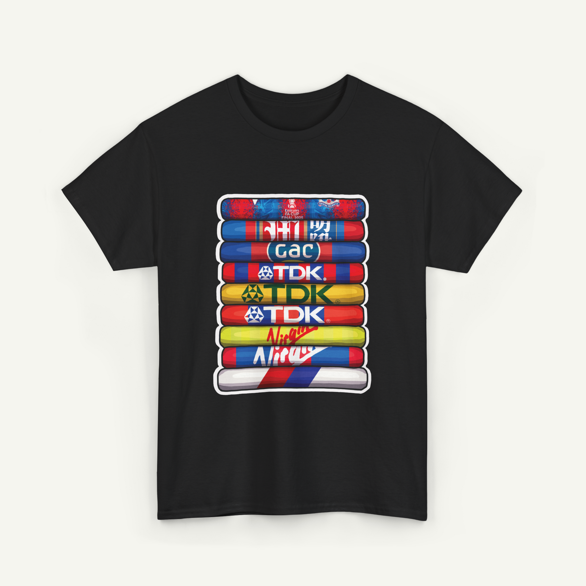 A black t-shirt with a graphic design featuring a stack of colorful tubes with various logos on them.