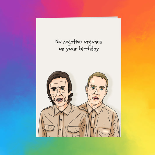 two cartoon-style men wearing brown shirts, with a colorful background.