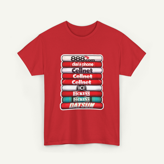 A red t-shirt with a graphic design featuring a stack of colored bars, each representing a different radio station or brand.