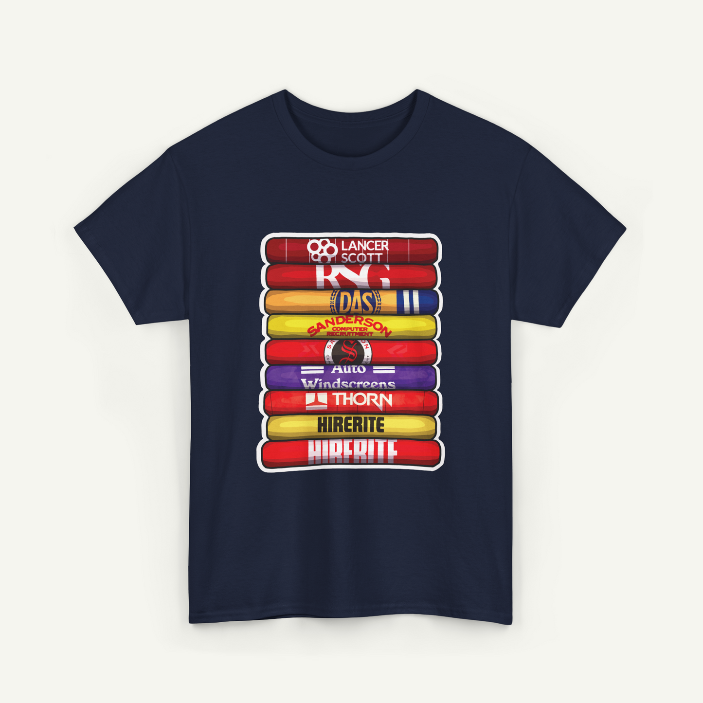 A navy blue t-shirt with a graphic design featuring a stack of colorful bars with various text and logos on them.