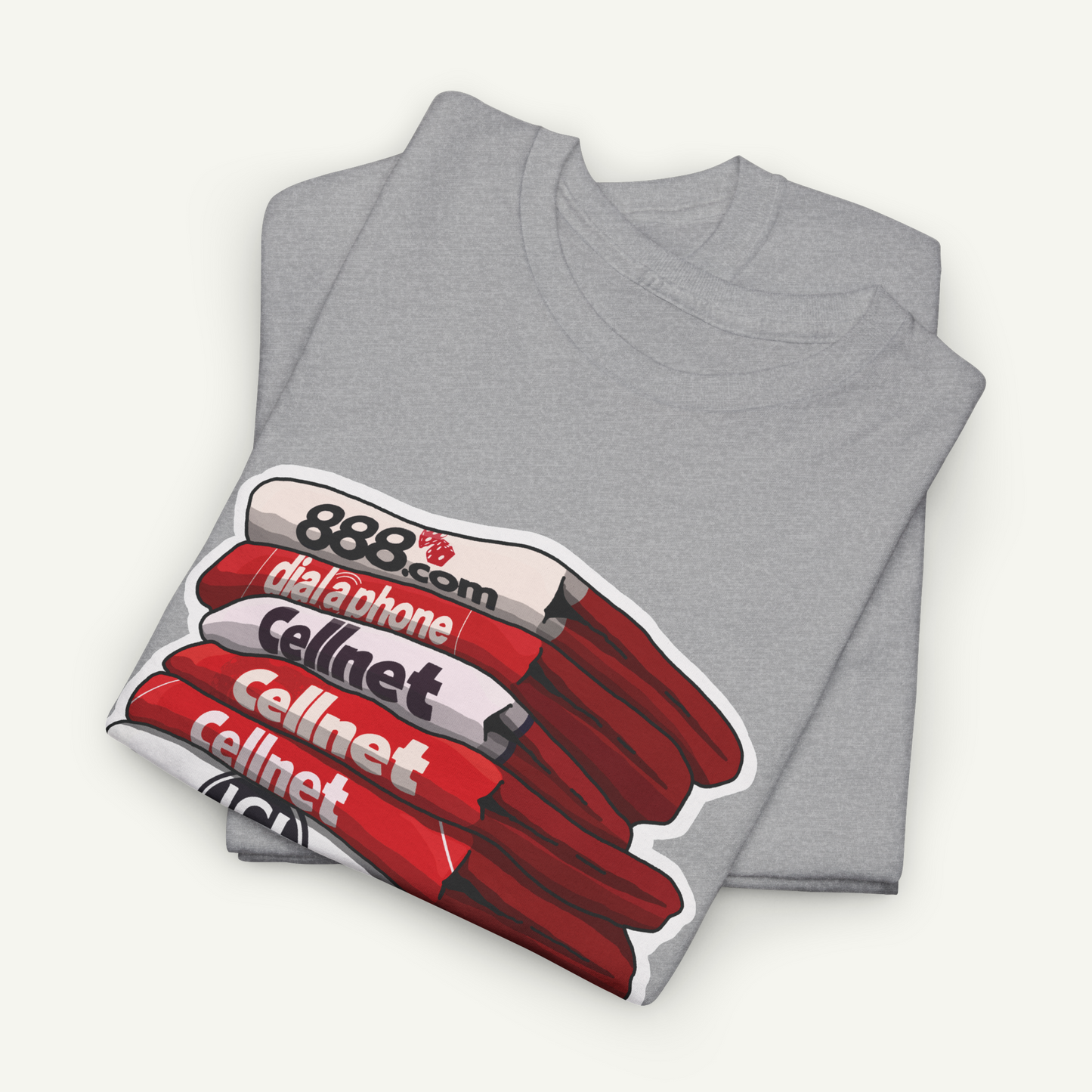A gray t-shirt with a graphic design depicting a stack of red and white books with the text "881 dalahone Cellnet Cellnet Cellnet" printed on them.