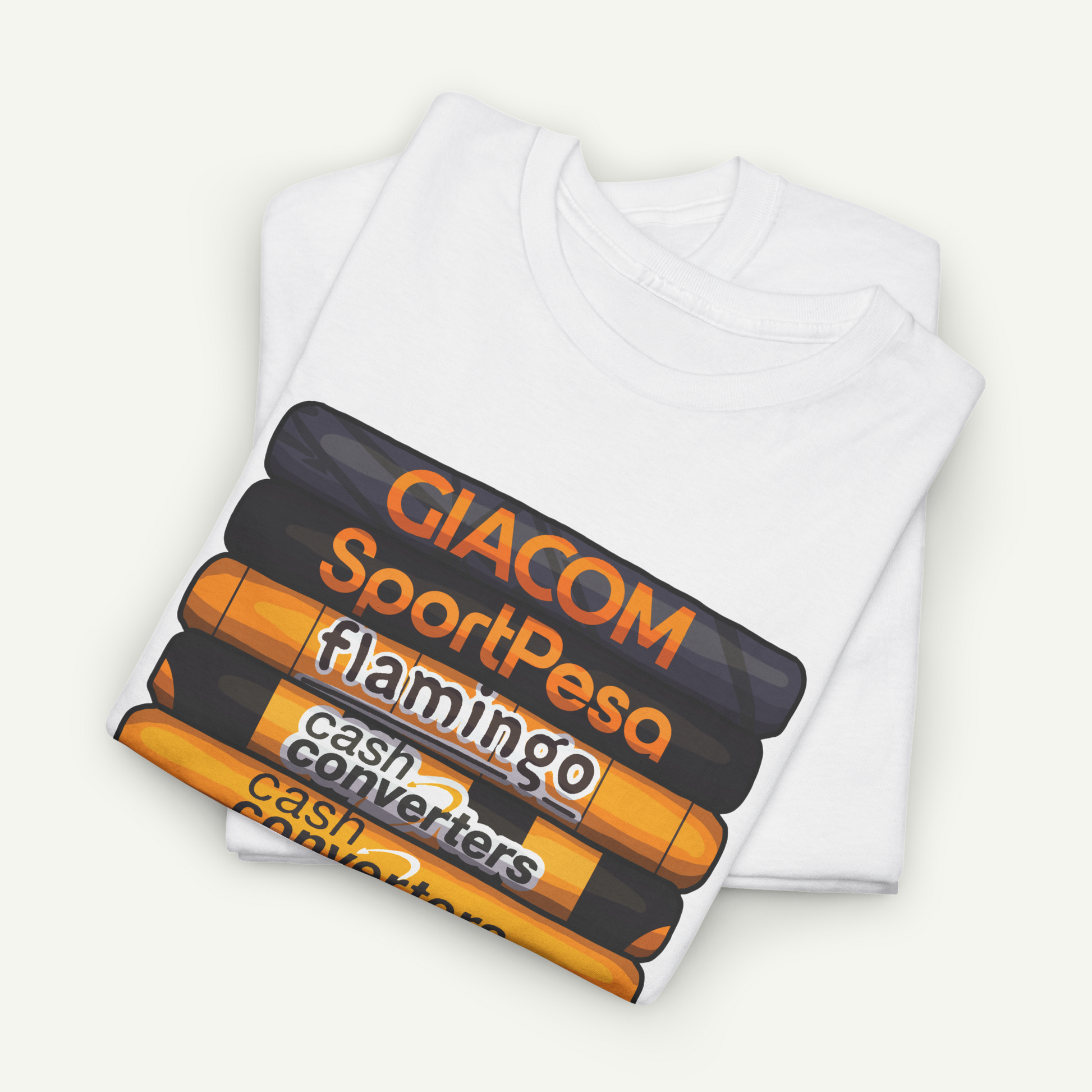 A white t-shirt with a graphic design featuring a stack of orange and black objects, along with the text "Giacom SportPeso flamingo cash converters".