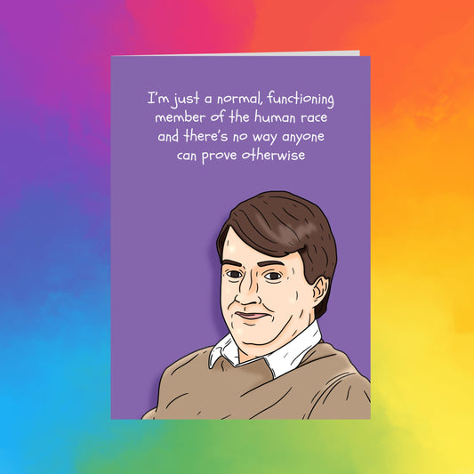 The image is a cartoon of a man with brown hair wearing a white shirt, set against a purple background with a rainbow gradient.