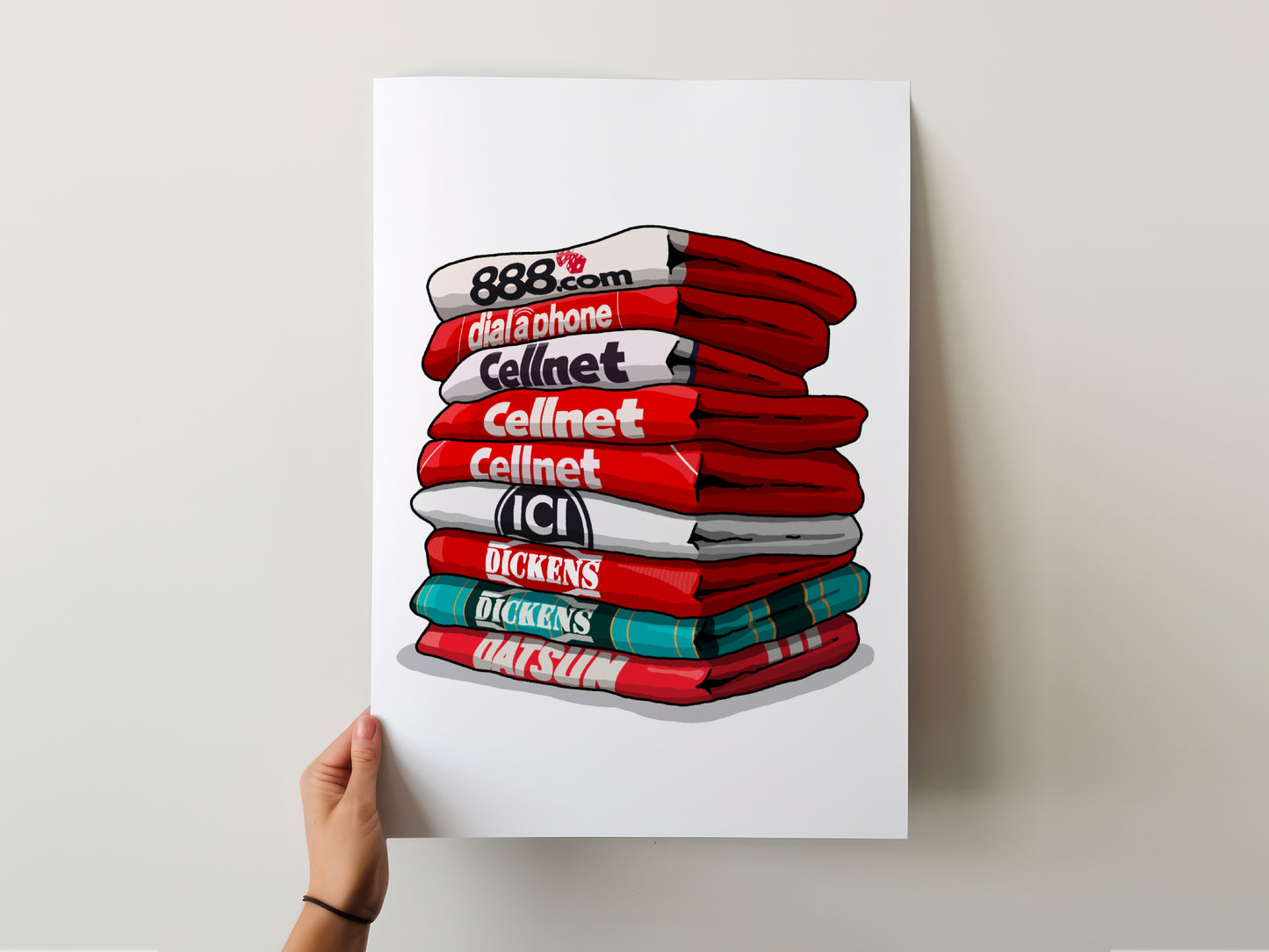 A hand is holding a poster with a stack of red and white towels, each towel displaying a different brand name.