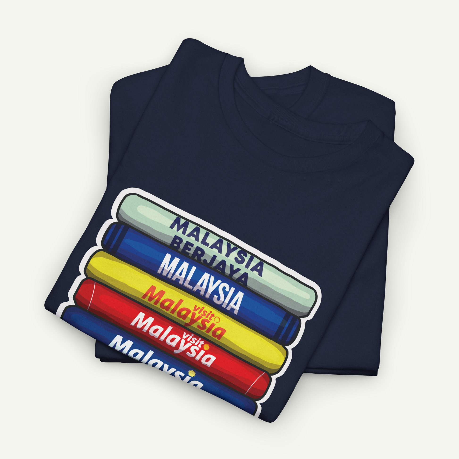A dark blue t-shirt with a graphic design depicting the countries of Malaysia in a stacked format.