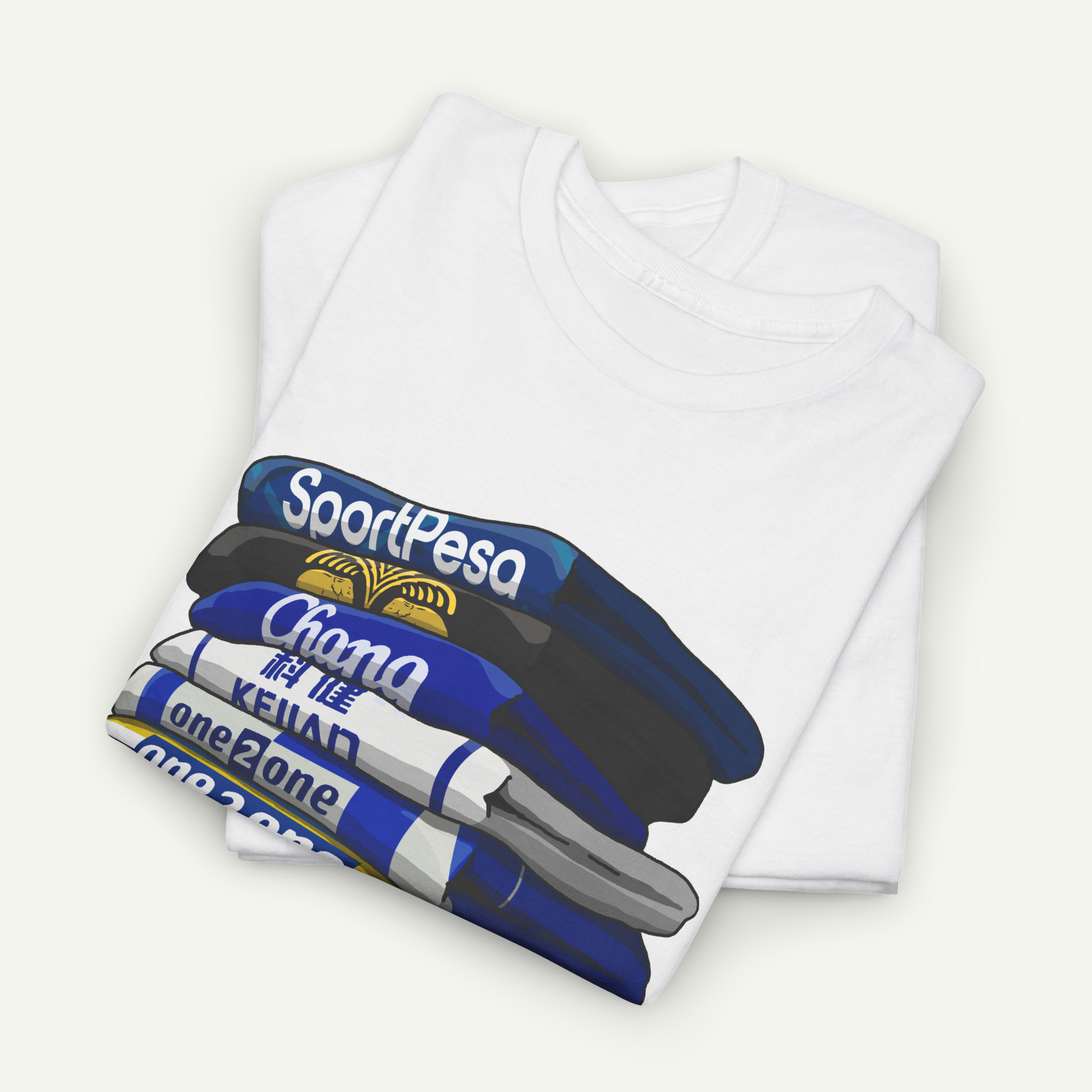 A white t-shirt with a graphic design depicting a stack of books or magazines with the text "SportPesa" printed on them.
