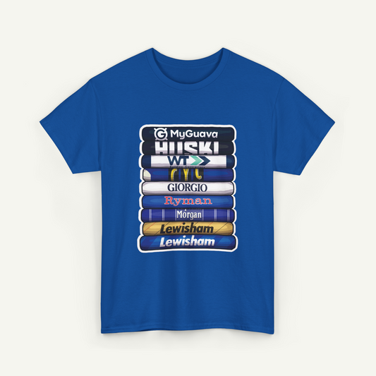 A blue t-shirt with a graphic design featuring a stack of books with various names on the spines.