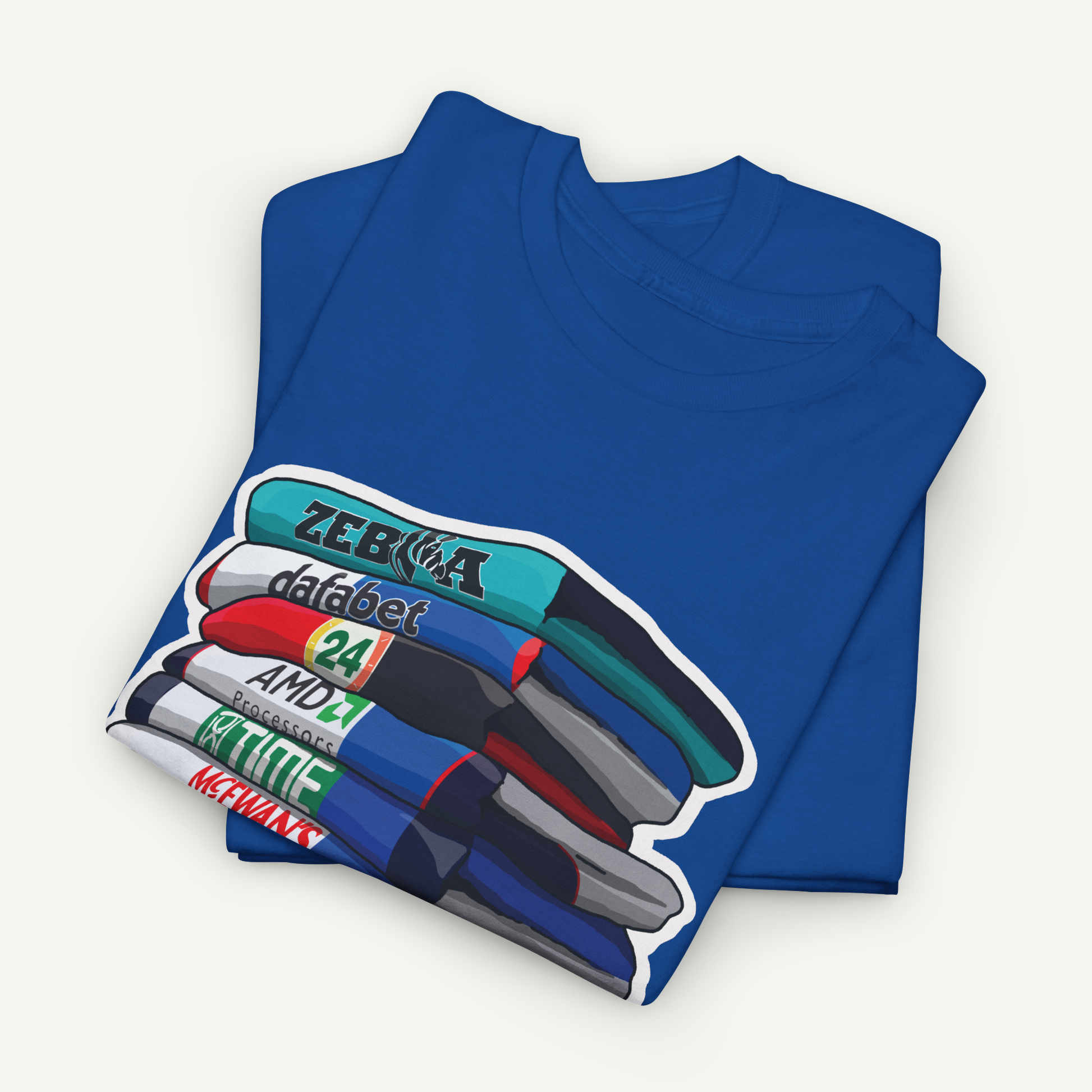 A blue t-shirt with a graphic design depicting a stack of colorful markers or pens.