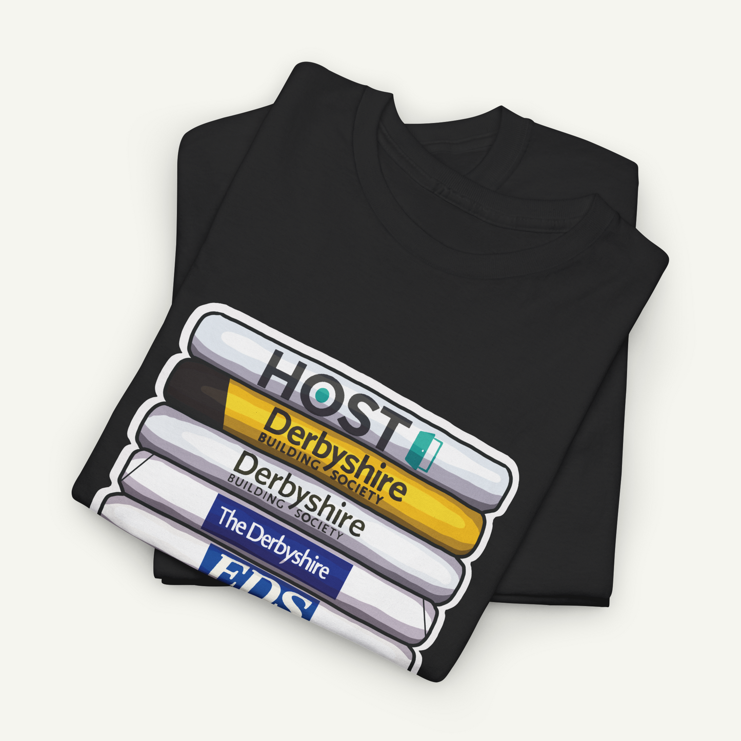 A black t-shirt with a graphic design featuring a stack of colorful tubes or blocks, each displaying the text "HOST" in different colors.