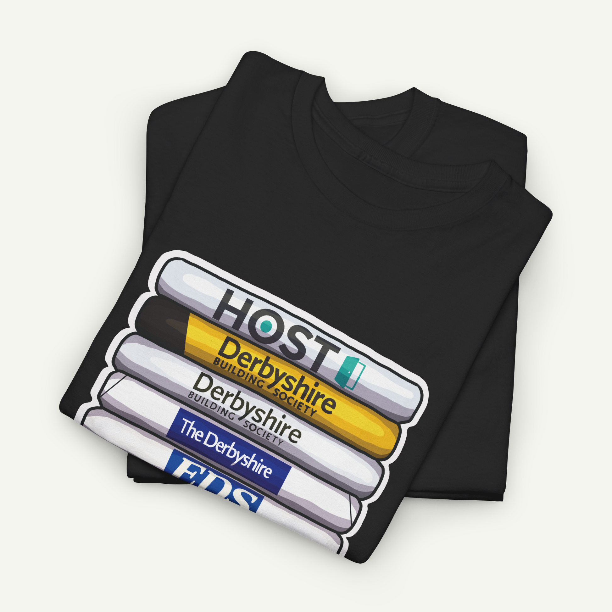A black t-shirt with a graphic design featuring a stack of colorful tubes or blocks, each displaying the text "HOST" in different colors.