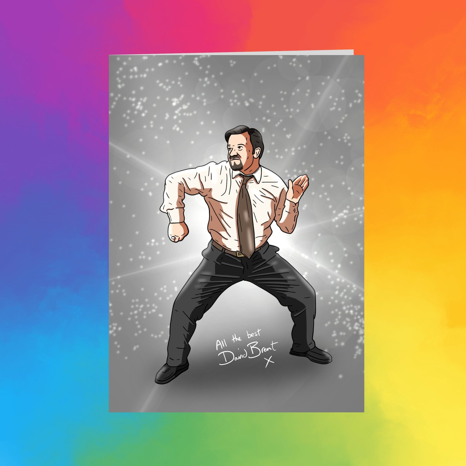 A man in a white shirt and tie is depicted in a dynamic pose against a colorful background with a starry sky.