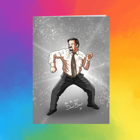 A man in a white shirt and tie is depicted in a dynamic pose against a colorful background with a starry sky.